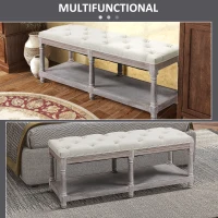 HOMCOM 2-Tier Bed End Bench, Vintage Stool, Wooden Window Seat with Storage Shelf, Button Tufted Upholstered Footstool for Living Room, Bedroom, Entryway, Cream White(m-7)