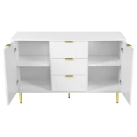 Buffet Élégante avec 2 Portes, 3 Tiroirs et Détails à Rayures Verticales - Meuble de Rangement, Blanc+doré(m-8)