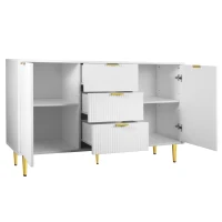 Buffet Élégante avec 2 Portes, 3 Tiroirs et Détails à Rayures Verticales - Meuble de Rangement, Blanc+doré(m-7)