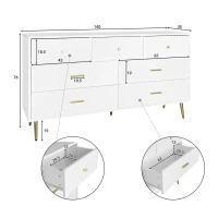 Buffet Élégant avec 7 Tiroirs, Poignées et Pieds dorés, Blanc(m-3)