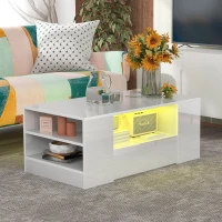 Table Basse Moderne Brillante Relevable avec Plateau Relevable, 2 Tiroirs, 2 Étagères et Éclairage LED, Blanc(m-1)