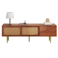 Meuble TV scandinave élégant avec portes coulissantes en rotin, tiroirs et 4 étagères, Couleur noyer(m-2)