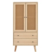 Buffet multifonction en bois avec portes en rotin, tiroirs et meuble de rangement, naturel(m-2)