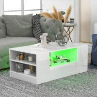 Table Basse Moderne Brillante Relevable avec Plateau Relevable, 2 Tiroirs, 2 Étagères et Éclairage LED, Blanc(m-6)