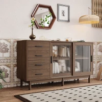 Buffet polyvalent avec vitrine en verre, 4 tiroirs et 2 portes - Meuble TV à roulettes, Bibliothèque et Meuble de rangement, Marron(m-4)