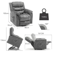 Fauteuil releveur électrique et inclinable avec fonction massage et chauffant, revêtement tissu, Gris(m-3)
