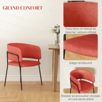 HOMCOM Lot de 2 chaises de salle à manger pieds en acier, assise rembourrée en tissu aspect velours, orange(m-5)