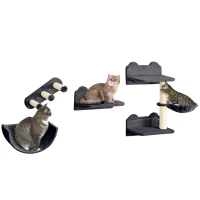 PawHut 4PCs Wall-Mounted Cat Shelves w/ Scratching Post, Hammock, Nest - Dark Grey(m-11)