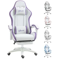 Vinsetto Computer Gaming Chair, PU Leather Desk Chair with Footrest, Swivel Task Chair with 135° Reclining Back and Lumbar Support, PC Chair for Adults, White and Purple(m-1)