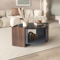 Mesa de Centro de Mármol Negro y Nogal con Líneas Únicas Mesa de Sala de Estar de Diseño Elegante Negro(m-9)