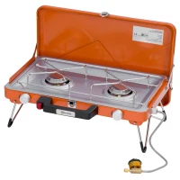 Outsunny Gaskocher, Campingkocher, zwei Brenner, Deckel, einklappbare Beine, Stahl, orange, 46,5 x 33,5 x 17,4 cm(m-10)