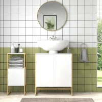 HOMCOM Dulap de Baie Sub Chiuvetă, Dulap de Depozitare din Bambus, Unitate Toaletă de Baie cu 2 Uși, 70x33x79.5 cm, Alb(m-9)
