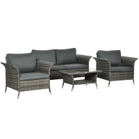 Outsunny Set de Gradina 4 Bucati Gri din Ratan PE si Otel, Masuta de Cafea pe 2 Nivele, Canapea de Exterior si 2 Scaune Moderne cu Sezuta Capitonata(m-11)