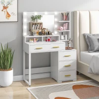 HOMCOM Masă de Machiaj cu 4 Sertare, 6 Rafturi Deschise și Oglindă, Dulap Machiaj din Lemn, 100x40x138 cm, Alb(m-8)