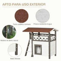 PawHut Caseta para Gatos de Madera 77x50x73 cm Casa para Gatos con 2 Niveles con Techo Asfáltico Terraza Vallada Cueva y Escalera para Interior y Exterior Blanco(m-5)