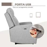 HOMCOM Poltrona Reclinável Elétrica com Reclinação até 150° e USB Capacidade 136 kg para Sala Quarto 84x92x104 cm Cinza(m-6)