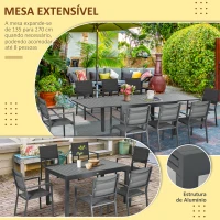 Outsunny Conjunto de Jardim Refeição de 9 Peças com Mesa Extensível 8 Cadeiras Empilháveis 135-270x89x74cm Cinza(m-5)