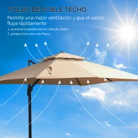 Outsunny Sombrilla de Jardín 300x300 cm Parasol de Aluminio con Manivela Poste Giratorio 360° Doble Techo Inclinable en 6 Posiciones y Base Cruzada Incluida Caqui(m-6)