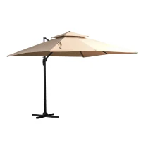 Outsunny Sombrilla de Jardín 300x300 cm Parasol de Aluminio con Manivela Poste Giratorio 360° Doble Techo Inclinable en 6 Posiciones y Base Cruzada Incluida Caqui(m-1)