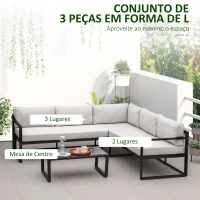Outsunny Conjunto de Móveis de Jardim 3 Peças de Alumínio com Mesa de Vidro Sofá de 2 Lugares e Sofá de 3 Lugares com Encosto Ajustável e Almofadas Removíveis 212x70x64cm Preto e Cinza(m-4)