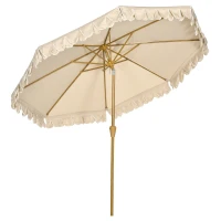 Outsunny parasol, met franje, kantelbaar, met handslinger, staal+polyester, kaki, Ø265 x 235,5 cm(m-1)