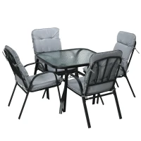 Outsunny 5 Pieces Outdoor Square Garden Dining Set w/ Tempered Glass Dining Table 4 Cushioned Armchairs, Umbrella Hole, Grey(m-11)