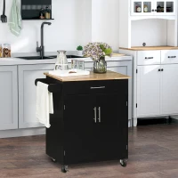 HOMCOM Cărucior de Bucătărie cu Sertar și Dulap cu 2 Uși, Insulă de Bucătărie cu roți și bară laterală, 83x45x91.5 cm, Negru(m-2)