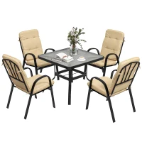 Outsunny 5 Pieces Outdoor Square Garden Dining Set w/ Tempered Glass Dining Table 4 Cushioned Armchairs, Umbrella Hole, Beige(m-11)