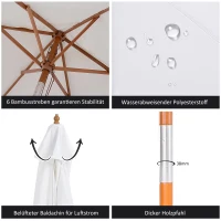 Outsunny Parasol zewnętrzny, parasol ogrodowy, 3-stopniowy, ochrona przeciwsłoneczna, bambus 180 / ㎡ poliester, kremowy, Ø2,5 x 2,3 m(m-5)