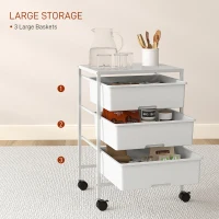 HOMCOM Cărucior Multifuncțional cu 3 Coșuri și Roți, Cărucior pentru Bucătărie și Birou din Oțel și Plastic, 40.8x33.5x60.5 cm, Alb(m-4)