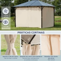 Outsunny Pérgola de jardim 3,65x3 m  de aço com telhado de policarbonato de 6 mm Proteção UV 50+ e 4 cortinas laterais Bege(m-6)