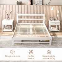 HOMCOM Estrutura de Cama de Madeira Estrado de Cama de Casal para Colchão 190x135 cm Carga 300 kg 195x141x80 cm Branco(m-5)