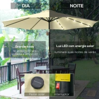 Outsunny Chapéu de Sol com 32 Luzes LED Solares Ø265x233cm Chapéu de Sol Inclinável com Manivela e Mastro de Aço para Terraço Pátio Exterior Bege(m-4)