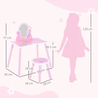 HOMCOM Toeletta per Bambini con Sgabello in Legno, Tavolo Trucco con Specchio Moderno e Cassetto, 59L x 39P x 77A cm, Rosa(m-3)