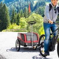 PawHut Dog Bike Trailer 2-in-1 Trolley Stroller Cart Bicycle Carrier for Cat Puppy Travel w/ Reflectors Hitch Coupler Red Flag – Red(m-2)