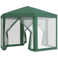 Outsunny Gazebo 4x4 m da Giardino Esagonale con Pareti in Rete, 2 Porte e Gambe Regolabili, Gazebo in Metallo e Poliestere con Picchetti e Funi, Verde(m-10)