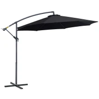 Outsunny Chapéu de Sol de Jardim Ø300x260cm Chapéu de Sol Excêntrico Inclinável com Manivela Base Cruzada e Suporte de Metal 8 Hastes para Terraço Exterior Balcão Preto(m-1)