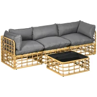Outsunny Gartenmöbel-Set für 3 Personen, 3 Sofas, Hocker & Beistelltisch, Sitzkissen, Alurahmen, Kunstrattan, Braun(m-1)