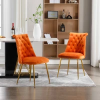 Chaise de salle à manger en velours, lot de 2, dossier haut avec dossier bouclé et pieds en métal doré, pour salon, salle à manger, cuisine, Orange(m-1)