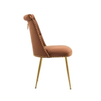 Chaise de salle à manger en velours, lot de 2, dossier haut avec dossier bouclé et pieds en métal doré, pour salon, salle à manger, cuisine, Marron(m-11)