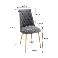 Ensemble de 2 chaises de salle à manger en velours, dossier haut avec dossier à anneaux et pieds en métal doré, pour le salon, la salle à manger, la cuisine, Gris(m-3)