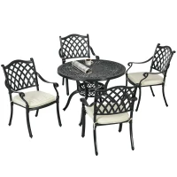 Outsunny Cast Aluminium 4 Seater Outdoor Dining Set with Cushions Parasol Hole Black(m-1)