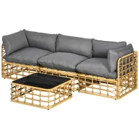 Outsunny Gartenmöbel-Set für 3 Personen, 3 Sofas, Hocker & Beistelltisch, Sitzkissen, Alurahmen, Kunstrattan, Braun(m-10)
