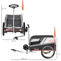 PawHut 2-in-1 Hundeanhänger Trolley Lastenanhänger lagerbar Zustange Flagge atmungsaktiv Metall Oxford- Gewebe Schwarz + Silber 130 x 64 x 92 cm(m-3)
