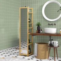 HOMCOM  Poliță Baie pe 6 Niveluri cu Oglindă, Suport de Depozitare Multifuncțional, 35x35x168 cm, Lemn Natural(m-7)