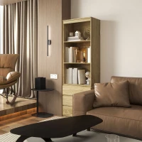 HOMCOM Bibliotecă Înaltă cu Depozitare, Dulap cu 3 Rafturi și 3 Sertare, Dulap de Afișare pentru Camera de Zi, 60x35x180 cm, Natural(m-7)