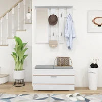 HOMCOM Set Mobili da Ingresso con Appendiabiti, Specchio, Panca con Cuscini e Scarpiera per 8 Paia di Scarpe, Bianco(m-2)