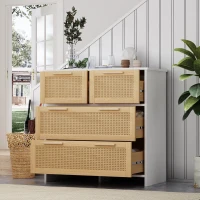 Commode Moderne en Rotin avec 4 Tiroirs et Poignées en Bois Massif, 80x38x80 cm - Meuble de Rangement, Naturel+Blanc(m-5)