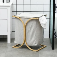 HOMCOM Coș de Rufe Dublu cu 2 Secțiuni, Coș de Rufe din Bambus cu Capac, 55x40x62 cm, Gri(m-2)