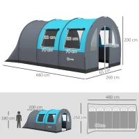 Outsunny Six Man Duo Room Tunnel Tent, with Accessories - Grey/Blue(m-3)